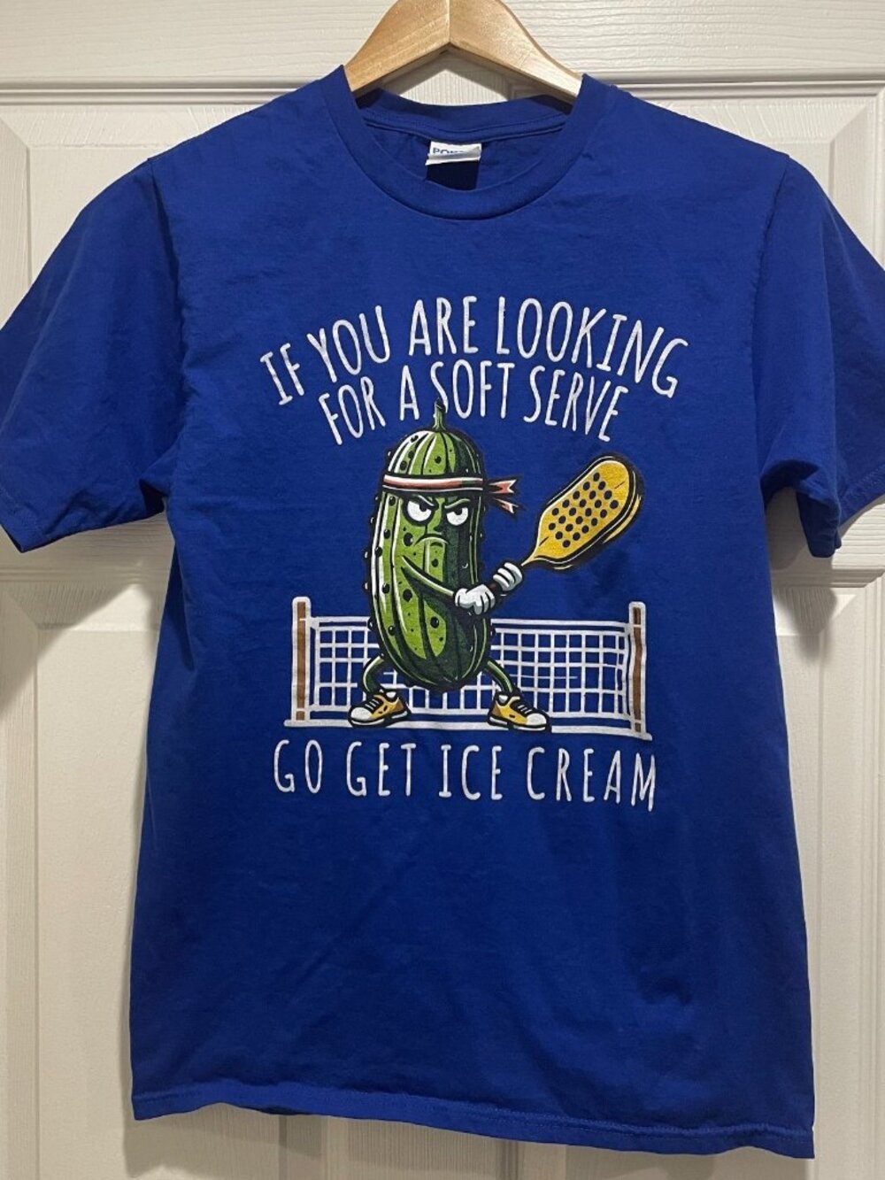 Pickleball Funny Graphic Tee Men's Size S Royal Blue Cartoon Theme Humor T-Shirt